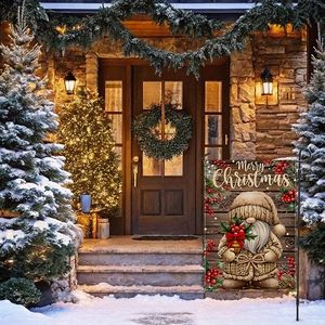 Outdoor Christmas garden flag featuring festive gnome and Merry Christmas text on wood background