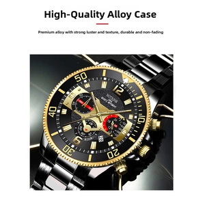 Detailed view of black and gold quartz watch featuring a chronograph dial and calendar
