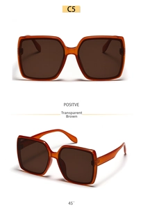Detail view of transparent tea square sunglasses in front and 45-degree angles