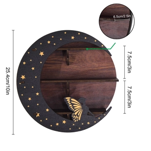 Detailed dimensions of the moon shaped wooden shelf with boho butterfly and star patterns
