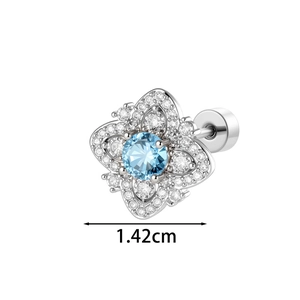 Sparkling snowflake stud earring with a blue zircon center and 925 silver finish 1.42cm