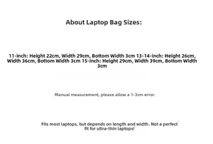 Size chart for cloud laptop bag showing 11, 13, and 15 inch dimensions and measurements