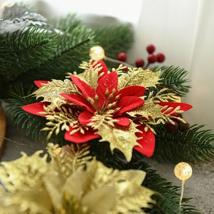 Glitter poinsettia Christmas flower decoration for tree hanging with gold and red petals