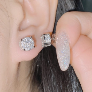 Macro shot of micro-paved cubic zirconia stud earrings with 18k silver plating