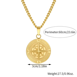 Detailed view of gold compass pendant showing dimensions 3cm diameter and 60cm chain