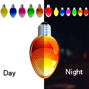 Reflective colorful bulb stickers showing daylight appearance and night glow effect