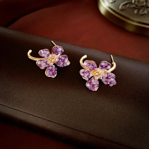Purple Crystal Flower C-Shape Hoop Earrings Alloy With 925 Sterling Silver Earring Post Sweet Elegant For Women