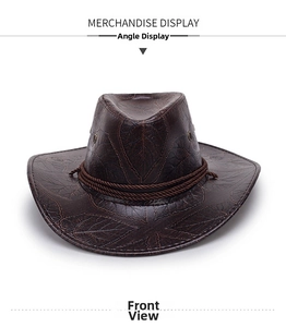 Close-up of dark brown Western cowboy hat featuring embossed leaf patterns and braided rope