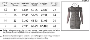 Detailed size chart in CM for the evening mesh dress with a photo of the grey slim fit model