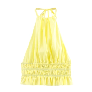 Halter Neck Top Polyester Backless Smocked Waist Ruffle Hem Summer Solid Yellow For Women
