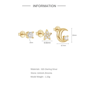 Detail of S925 sterling silver earring set with star moon and round zirconia studs