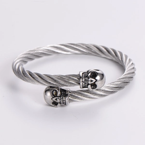 Punk style stainless steel cable wire cuff bracelet with double skull heads for men