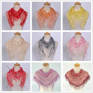 Detailed grid of lace triangular headscarves in multiple colors with floral embroidery