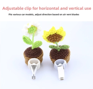 Detail of hand-knitted sunflower car vent clip with adjustable orientation clip