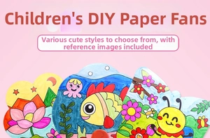 Close-up of children's DIY paper fans featuring various cartoon animal line art patterns