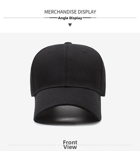 Front view of black structured cotton baseball cap with classic six-panel design and stitched brim