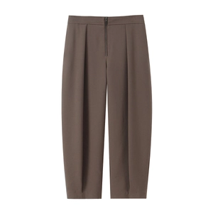 Pantalon fuselé femme marron café à taille haute avec fermeture éclair et plis