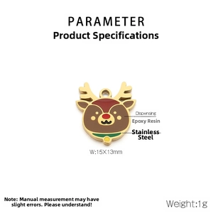 Detail view of 15x13mm gold stainless steel reindeer pendant with colorful enamel fill