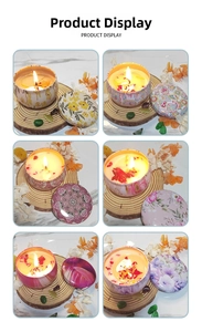 Detailed grid of bohemian tin scented candles with dried flowers and vintage patterns