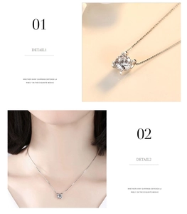 Macro detail and model view of 925 silver necklace with sparkling round zircon pendant