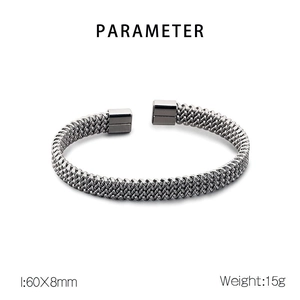 Detailed parameter view of silver C-shaped woven steel cuff bracelet with dimensions