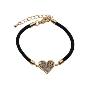 Detail of adjustable black cord bracelet with a colorful heart pendant in gold finish