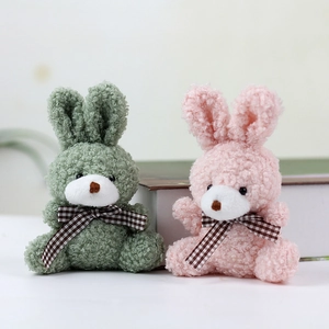 Cute plush bunny pendants with curly teddy fleece and plaid bows in green and pink