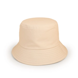 Detailed view of beige cotton bucket hat showing reinforced multi-row stitching on the brim