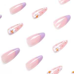 Purple French almond press-on nails with daisy flower patterns and glossy resin finish