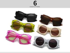 Detailed grid of futuristic geometric sunglasses in six trendy colors with spiked frames