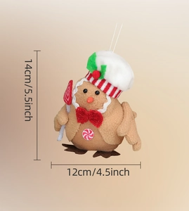 Detailed plush gingerbread bird ornament with chef hat and candy cane dimensions