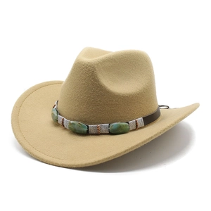 Chapeau De Cow-Boy Western En Feutre De Laine Fedora À Bord Large Avec Ceinture Décorative En Pierre Ethnique