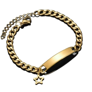 Gold Cuban link chain bracelet with polished ID tag and hollow star charm for women