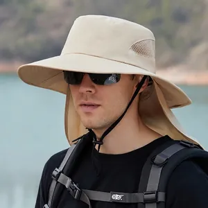 Beigefarbener Outdoor-Sonnenhut mit breiter Krempe, Nackenschutz und Netzgewebe