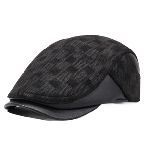Men's winter baseball cap with grey woven texture and black PU leather brim