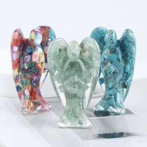 Three handmade resin angel figurines with colorful natural crushed crystal stone inlay decor