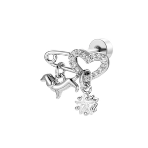 Minimalist silver cartilage stud earring with heart, puppy, and star safety pin pendants