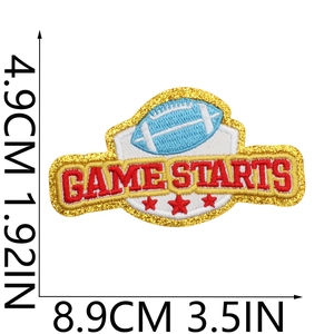 Detail showing embroidered football patch with Game Starts text and size measurements