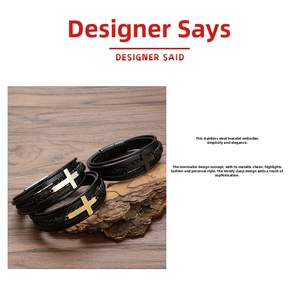 Close-up of three multilayer braided leather bracelets with steel cross charms