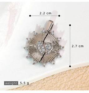 Macro shot of silver zircon heart pendant dimensions with measurement labels