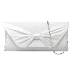 Elegant white satin envelope clutch bag with butterfly bow detail and silver chain strap