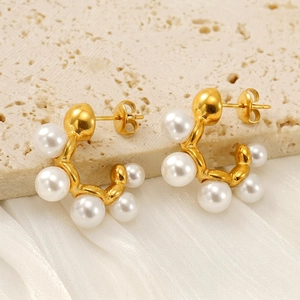 C Shaped Artificial Pearl Earrings 18K Gold Plated Stainless Steel French Vintage Minimalist Elegant Retro Jewelry For Women