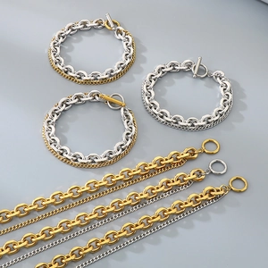 Dual-layer titanium steel chain bracelet with gold and silver links and OT toggle clasp