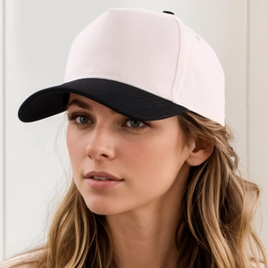 Detail shot of a two-tone cotton baseball cap featuring a white crown and black brim