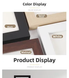 Detail of minimalist picture frames in black, wood, white, and walnut wood grain finishes
