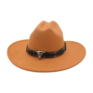 British style yellow western cowboy hat with ethnic band and silver bull head ornament