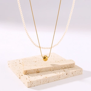 Double Layer Necklace 18K Gold Plated Stainless Steel With Ball Pendant And Artificial Pearls Minimalist Jewelry For Women