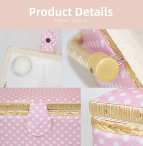 Detailed views of the pink floral fabric sewing basket with straw trim and button closure