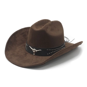 Western Cowboy Hat Faux Suede Vintage Wide Brim With Metal Bull Head Leather Band Rivets Adjustable For Men Women