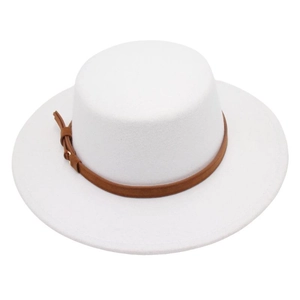 Top view of white flat brim wool felt hat with brown leather band and metal buckle detail